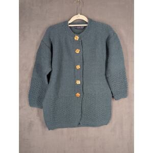Chunky Himalayan Wool Cardigan Sweater Coat Medium Leaf Buttons